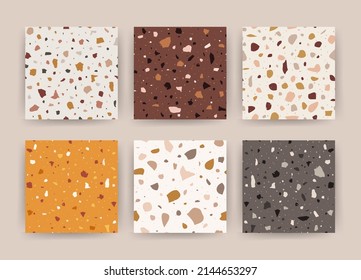 Set of terrazzo seamless backgrounds. Endless patterns for fabric, wallpaper, stoneware. Vector illustration in flat style.