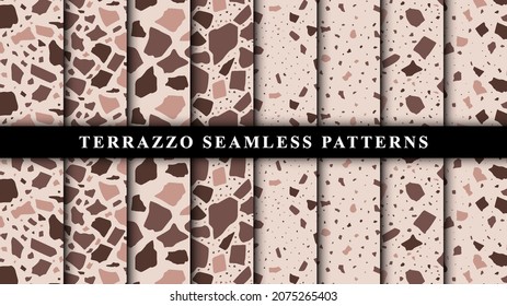 Satz von Terrazzo nahtlose Muster. Terrazzo Bodenmuster. Terrazzo nahtloses Muster. Kollektion von Terrazzo-Mustern