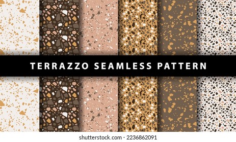 Satz von Terrazzo nahtlose Muster. Terrazzo Bodenmuster. Terrazzo nahtloses Muster. Kollektion von Terrazzo-Mustern