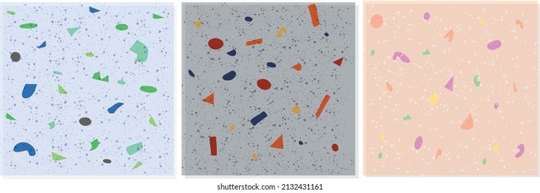 Conjunto de patrones sin soldadura de terrazo.Fondo abstracto de piedra para el diseño interior.Vector premium.