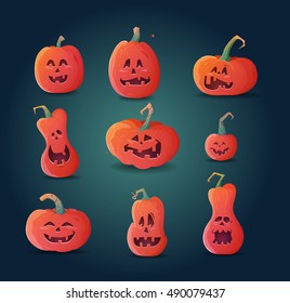 A set of terrible pumpkins on a dark background. Illustrations of pumpkins for the holiday Halloween.
