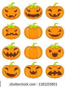 Set of terrible and smiling pumpkins for Halloween in a cartoon style. Collection of shiny Jack-o-lantern icons. EPS8