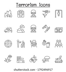 Conjunto de Iconos de la Línea de Vectores Relacionados con el Terrorismo. Contiene iconos como rehenes, espías, coches bomba, hackers, secuestradores, terroristas, armas nucleares y más.
