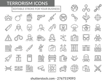 Set of terrorism and security related line icons in editable stroke style. Collection includes symbols of threat, crime, violence, cyber attack, surveillance, law enforcement, and public safety. Modern outline vector icons suitable for web design, apps, infographics, presentations, and security awareness content.