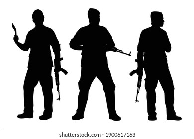 Set of terrorist with weapon silhouette vector on white background, people