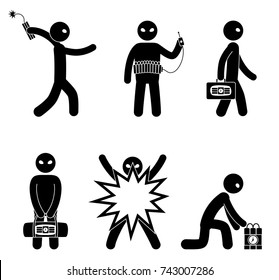 Set of terrorists with bomb. Suicide bomber. Man with explosives. Terrorism world threat concept. Vector illustration.