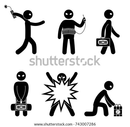 Set of terrorists with bomb. Suicide bomber. Man with explosives. Terrorism world threat concept. Vector illustration.