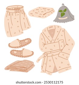 A set of terry dressing gown, a bandage on the waist, a towel, a hat, slippers for bathing and showering, a flat illustration highlighted on white. Delicate warm fluffy fabric items. Flat with doodles