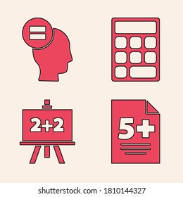Set Test or exam sheet, Calculation, Calculator and Chalkboard icon. Vector