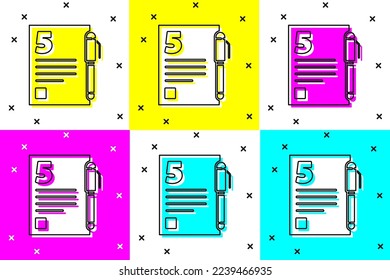 Set Test or exam sheet and pen icon isolated on color background. Test paper, exam or survey concept.  Vector Illustration