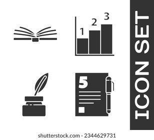 Set Test or exam sheet and pen, Open book, Feather and inkwell and Graph, schedule, chart, diagram icon. Vector