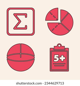 Set Test or exam sheet, Sigma symbol, Graph, schedule, chart, diagram and Geometric figure Sphere icon. Vector