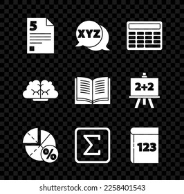 Set Test or exam sheet, XYZ Coordinate system, Calculator, Graph, schedule, chart, diagram, Sigma symbol, Book with word mathematics, Human brain and Open book icon. Vector