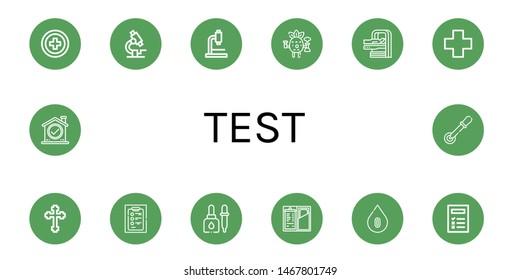 Set of test icons such as Red cross, Microscope, Scientific, Mri, Cross, Diagnosis, Eyedropper, Check, Blood type, Checklist, Pipette , test