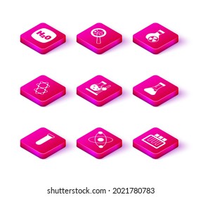 Set Test tube, Atom, Molecule, flask on stand, with toxic liquid and Microorganisms under magnifier icon. Vector