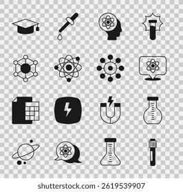 Set Test tube, Atom, Molecule, Graduation cap and Virus icon. Vector