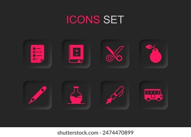 Set Test tube, Book with mathematics, Clipboard checklist, Fountain pen nib, Pear, School Bus, Scissors and Pencil eraser icon. Vector
