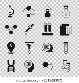 Fije el tubo de ensayo, la calculadora, la explosión en el frasco, la pipeta, la molécula, el microscopio y el icono. Vector