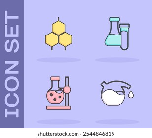 Tubo de ensayo, fórmula química, frasco en soporte e icono. Vector