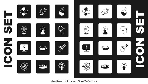 Set Test tube, Explosion in the flask, Atom, Medicine pill or tablet, Stethoscope, Planet Saturn, Genetically modified apple and Lightning bolt icon. Vector