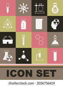 Ajuste el tubo de ensayo y el matraz, el quemador de alcohol o de alcohol, el símbolo de radiación de la cabeza, el soporte, el átomo, la pipeta y el icono del vaso de vidrio de laboratorio. Vector
