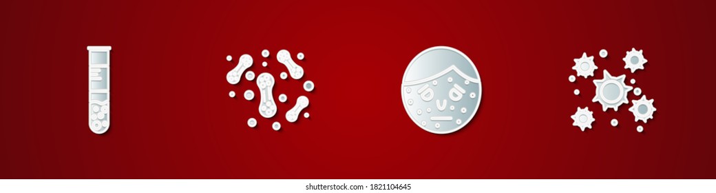 Set Test tube and flask, Bacteria, Face with psoriasis or eczema and icon. Vector.