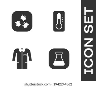 Set Test tube and flask, Bacteria, Laboratory uniform and Medical thermometer icon. Vector