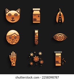 Set Test tube and flask, Bacteria, Medicine bottle pills, Reddish eye allergic conjunctivitis, Hand with psoriasis or eczema, Face, Kidney beans and Pet icon. Vector