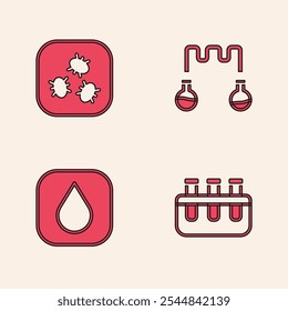 Set Test tube and flask, Bacteria,  and Water drop icon. Vector