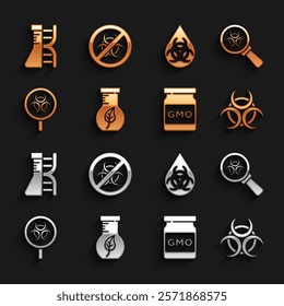 Set Test tube and flask, Biohazard magnifying glass, symbol, GMO, DNA research, search and Stop icon. Vector