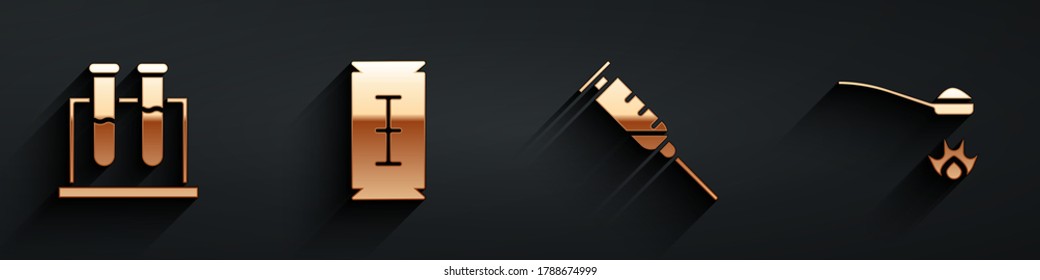 Set Test tube and flask, Blade razor, Syringe and Heroin in a spoon icon with long shadow. Vector
