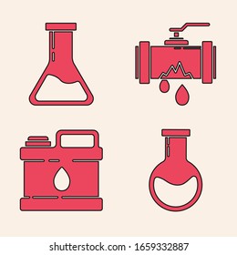 Set Test tube and flask, Test tube and flask, Broken metal pipe with leaking water and Canister for motor machine oil icon. Vector