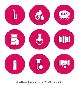 Set Test tube and flask, Broken metal pipe with leaking water, Industry metallic pipes valve, Industrial gas cylinder tank, Barrel oil, Gas railway cistern and Gasoline pump nozzle icon. Vector