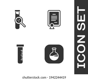 Stellen Sie das Vorlagensymbol für Reagenzglas und -flaschen sowie das Vorlagensymbol für Zertifikate ein. Vektorgrafik