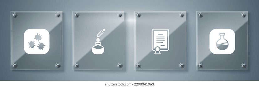 Set Test tube and flask, Certificate template,  and Bacteria. Square glass panels. Vector