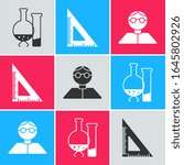 Set Test tube and flask chemical laboratory test, Triangular ruler and Student icon. Vector