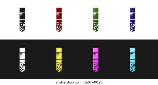 Set Test tube and flask chemical laboratory test icon isolated on black and white background. Laboratory glassware sign.  Vector Illustration