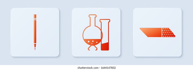 Set Test tube and flask chemical laboratory test, Pencil with eraser and Eraser or rubber. White square button. Vector