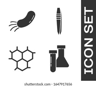 Set Test tube and flask chemical, Bacteria, Chemical formula and Tweezers icon. Vector