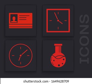 Set Test tube and flask chemical laboratory, Identification badge, Clock and Clock icon. Vector