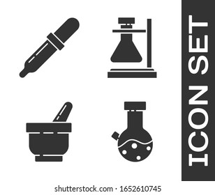 Set Test tube and flask chemical, Pipette, Mortar and pestle and Test tube flask on stand icon. Vector
