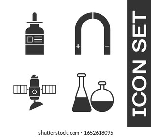 Set Test tube and flask chemical laboratory, Glass bottle with a pipette, Satellite and Magnet icon. Vector