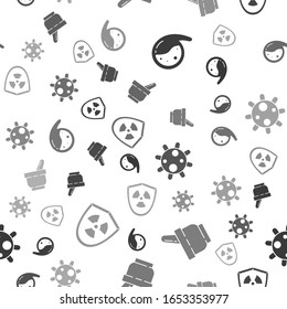 Set Test tube and flask chemical, Mortar and pestle, Bacteria and Radioactive in shield on seamless pattern. Vector