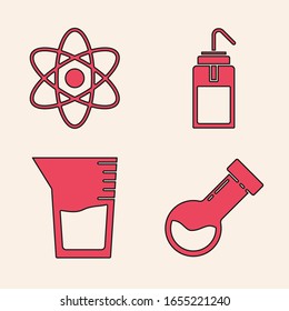 Set Test tube and flask chemical, Atom, Laboratory wash bottle and Laboratory glassware or beaker icon. Vector