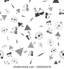Set Test tube and flask chemical laboratory, Syringe, Solar system and Light rays in prism on seamless pattern. Vector