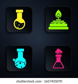 Set Test tube and flask chemical, Test tube and flask chemical, Test tube and flask chemical and Alcohol or spirit burner. Black square button. Vector