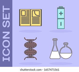Set Test tube and flask chemical laboratory, Open book, DNA symbol and Battery icon. Vector