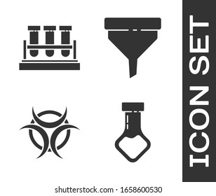 Set Test tube and flask chemical, Test tube and flask chemical, Biohazard symbol and Funnel or filter icon. Vector
