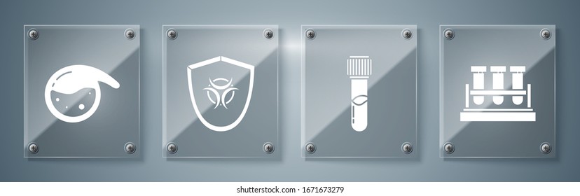Set Test tube and flask chemical, Test tube and flask chemical, Biohazard symbol on shield and Test tube and flask chemical. Square glass panels. Vector