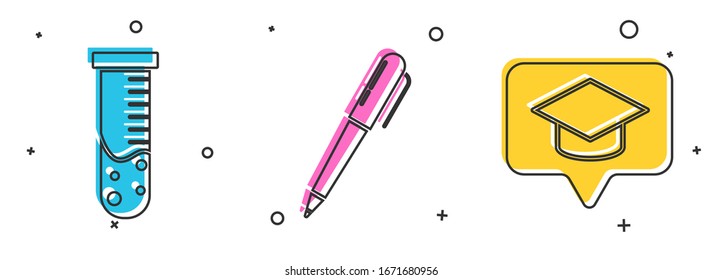 Set Test tube and flask chemical laboratory, Pen and Graduation cap in speech bubble icon. Vector